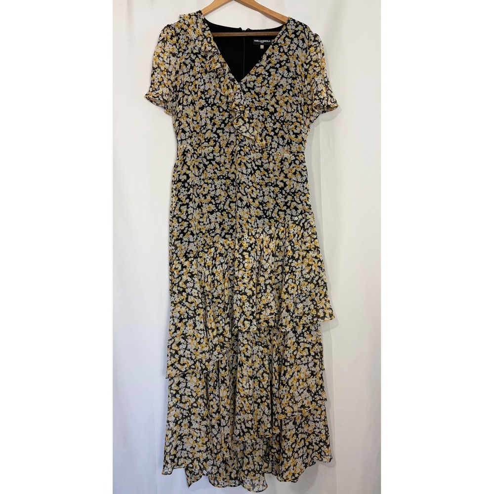 Karl Lagerfeld Paris Floral Ruffle Tiered Maxi Dress Size 12 Wedding Guest Boho